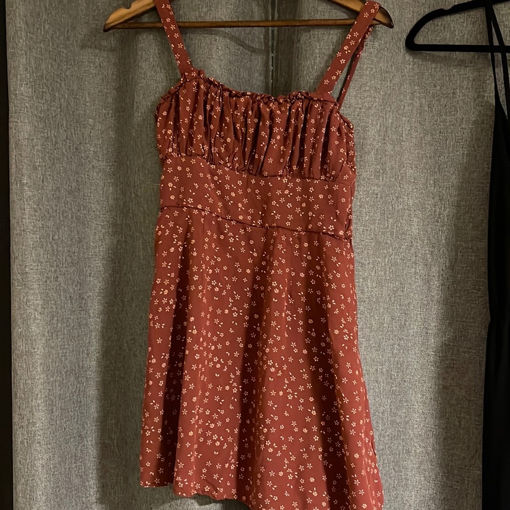 Wine red dress.